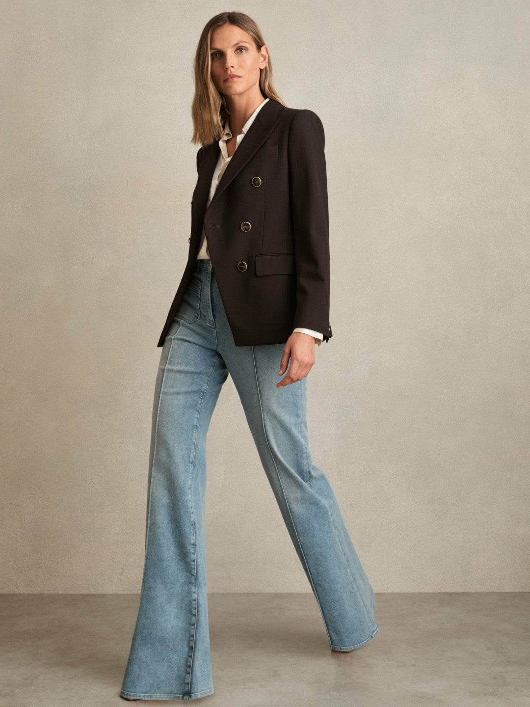 Wool-Blend Double-Breasted Blazer in Chocolate Brown | Reiss Women Premium