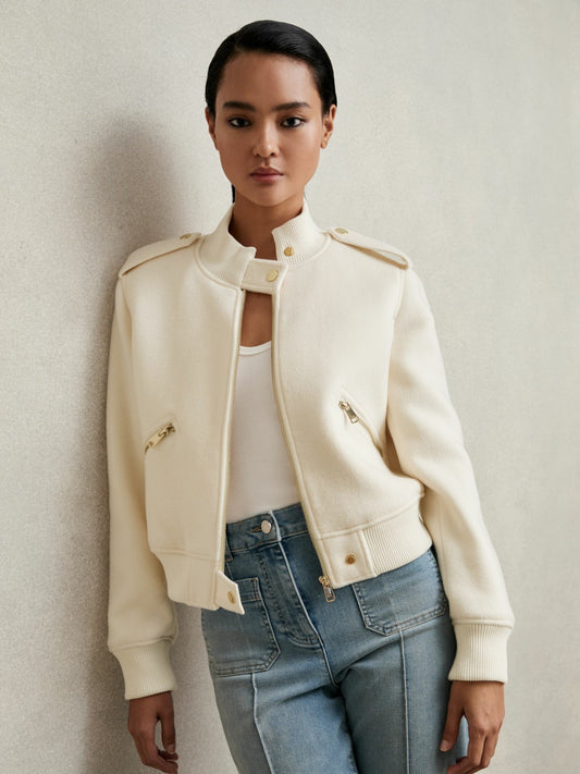 Brushed Wool Epaulette Bomber Jacket in Cream | Reiss Women Featured