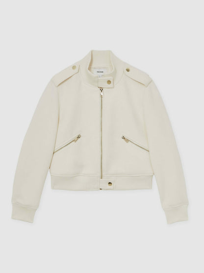Brushed Wool Epaulette Bomber Jacket in Cream | Reiss Women Featured