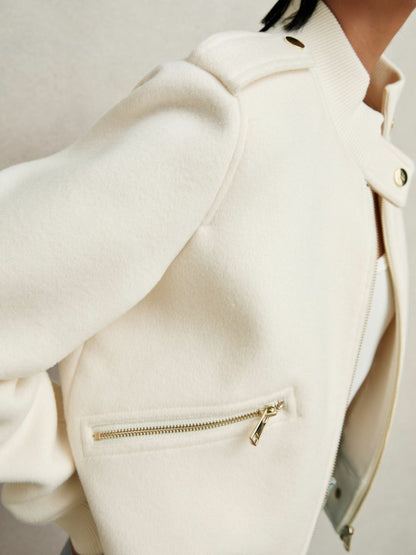 Brushed Wool Epaulette Bomber Jacket in Cream | Reiss Women Featured