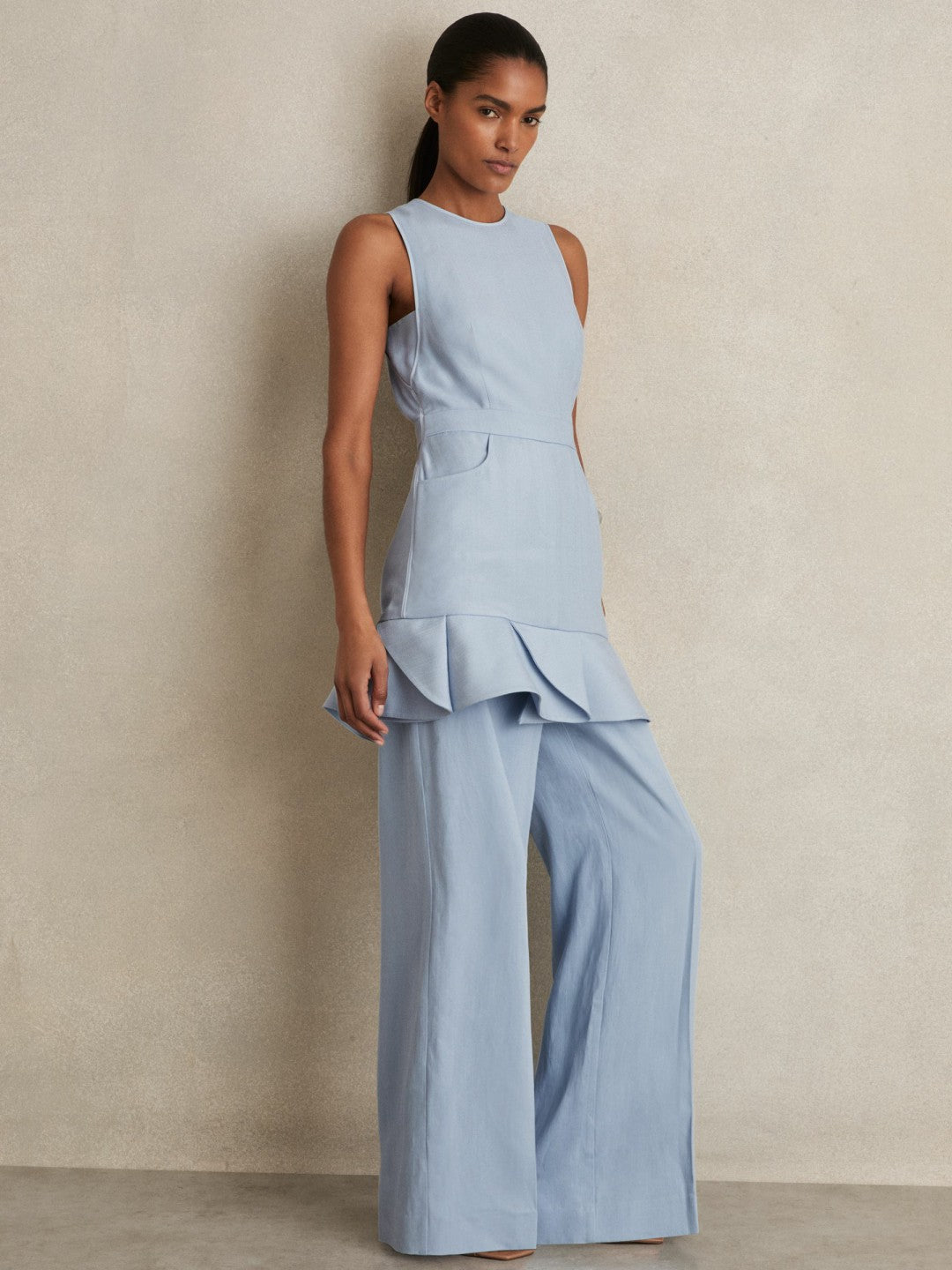 Structured Ruffle-Hem Mini Dress in Blue | Reiss Women Exclusive