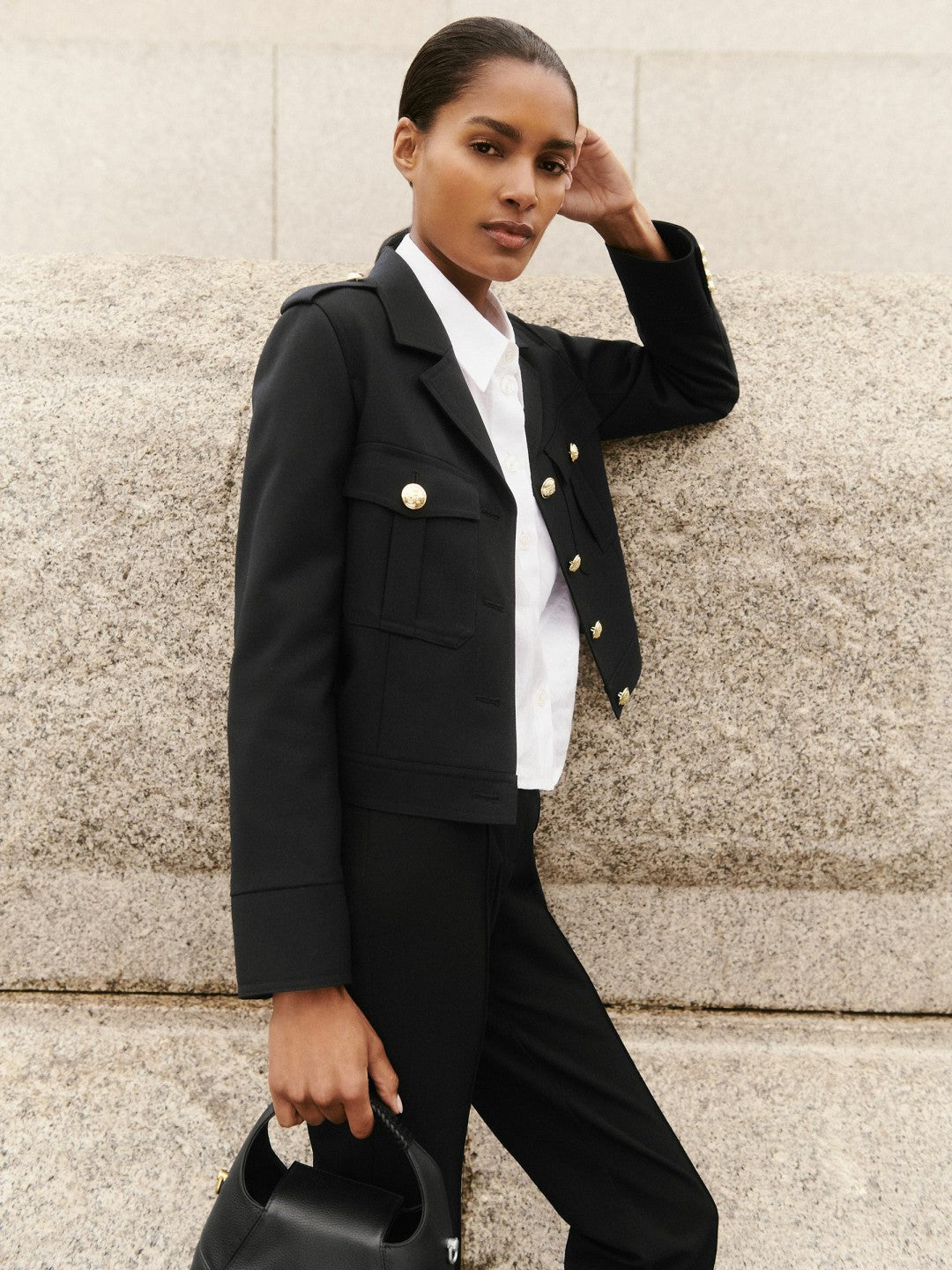 Wool Twin-Pocket Cropped Jacket in Black | Reiss Women Featured
