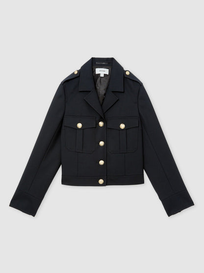 Wool Twin-Pocket Cropped Jacket in Black | Reiss Women Featured