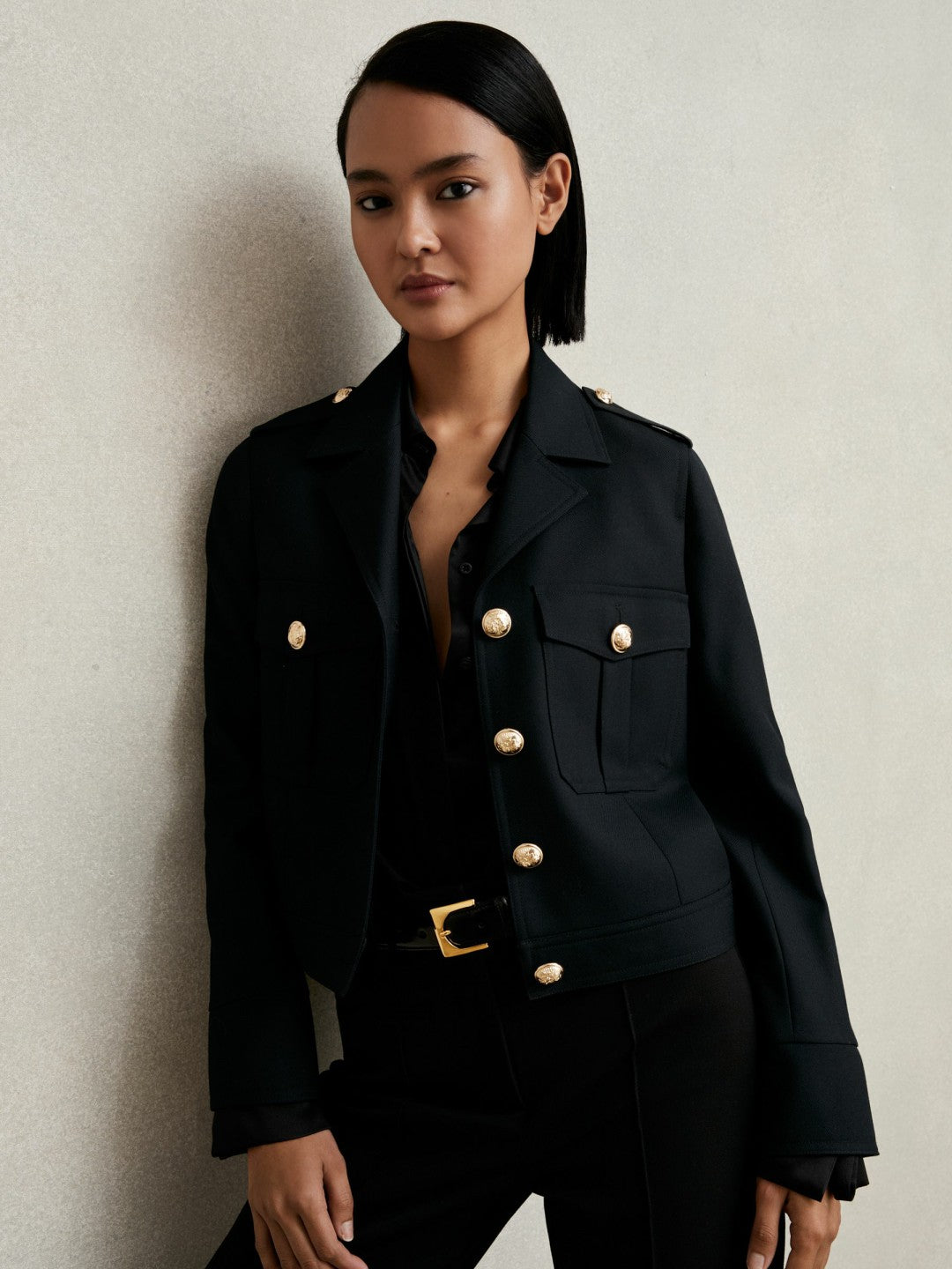 Wool Twin-Pocket Cropped Jacket in Black | Reiss Women Featured