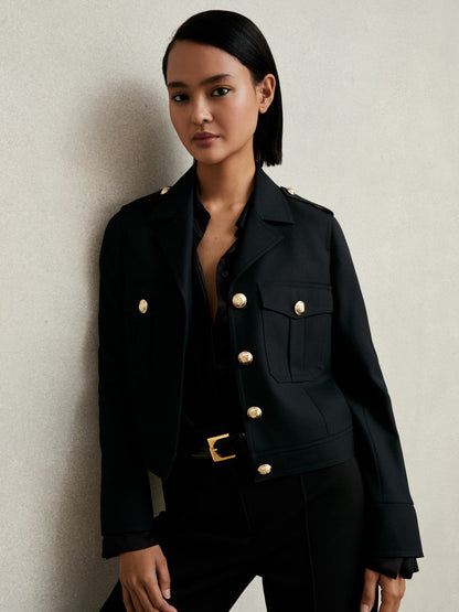 Wool Twin-Pocket Cropped Jacket in Black | Reiss Women Featured