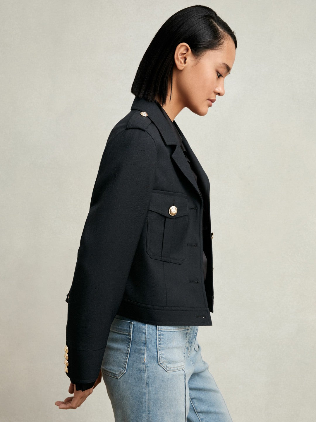 Wool Twin-Pocket Cropped Jacket in Black | Reiss Women Featured