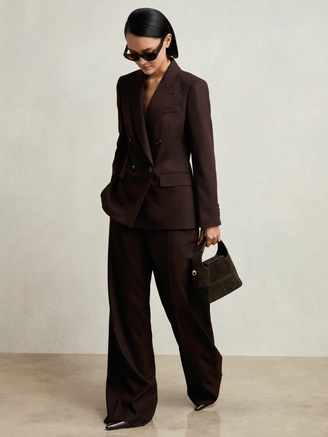 Wool-Blend Double-Breasted Suit Blazer in Aubergine | Reiss Women New