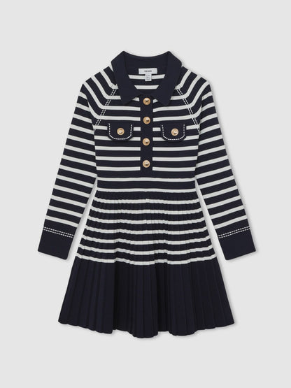 3-9 yrs Button-Detail Stripe Knitted Dress in Navy/White | Reiss Children & Baby Best Seller