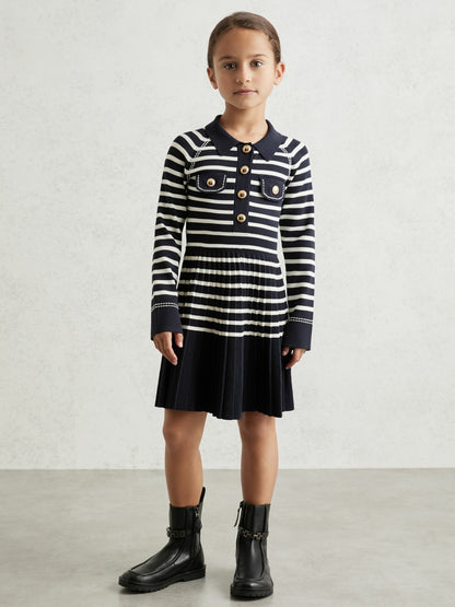 3-9 yrs Button-Detail Stripe Knitted Dress in Navy/White | Reiss Children & Baby Best Seller
