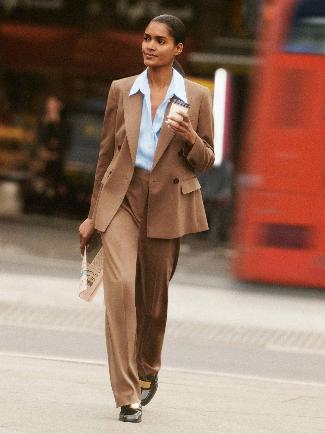 Wool-Blend Wide-Leg Suit Trousers in Tan | Reiss Women Exclusive