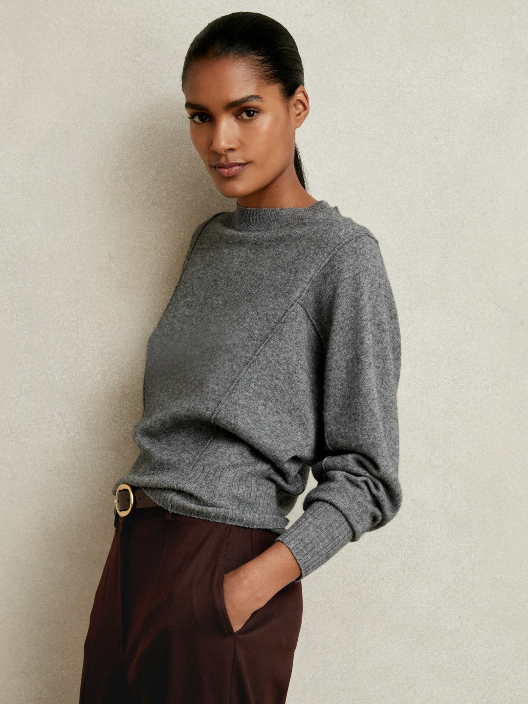 Wool-Blend Reverse-Seam Batwing Jumper With Cashmere in Charcoal | Reiss Women Trending