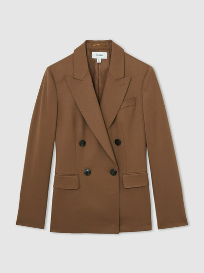 Wool-Blend Double-Breasted Suit Blazer in Tan | Reiss Women Exclusive
