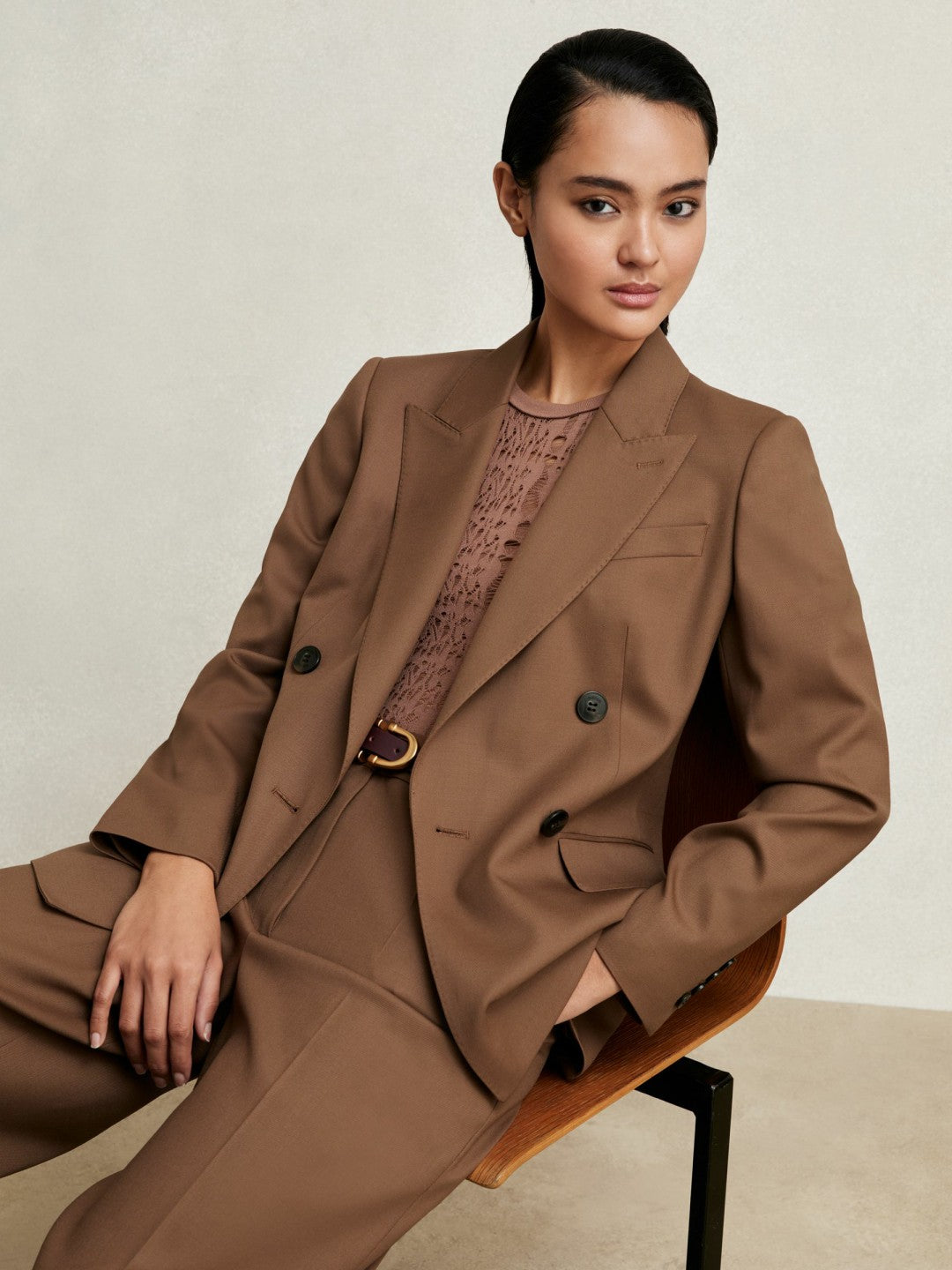 Wool-Blend Double-Breasted Suit Blazer in Tan | Reiss Women Exclusive