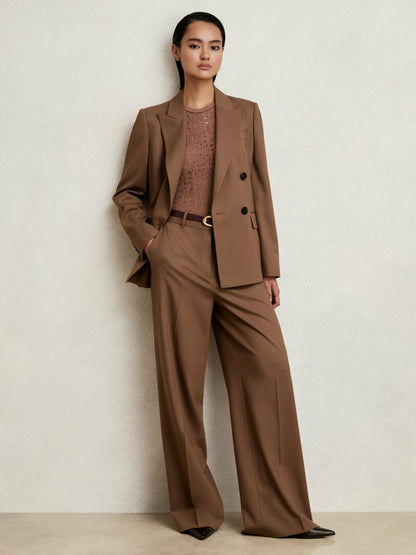 Wool-Blend Double-Breasted Suit Blazer in Tan | Reiss Women Exclusive