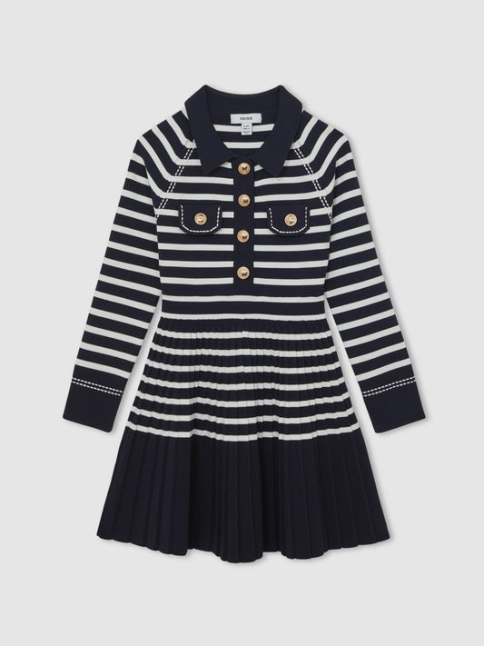 13-14 yrs Button-Detail Stripe Knitted Dress in Navy/White | Reiss Children & Baby Best Seller