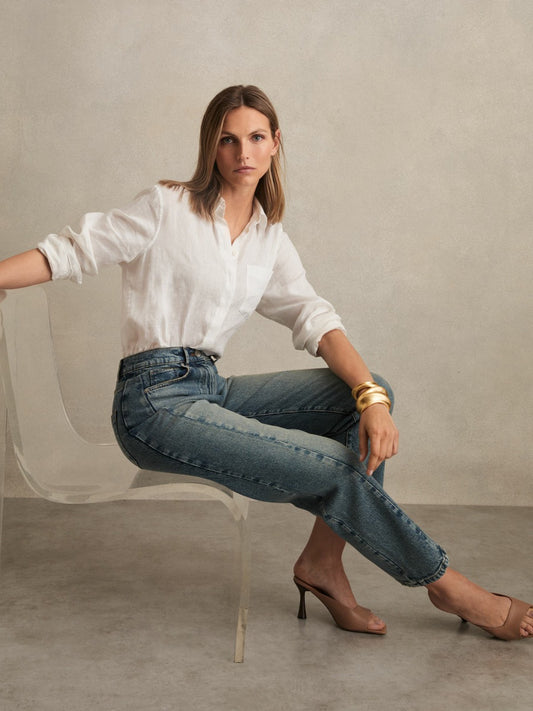 Petite Barrel-Leg Seam Jeans in Mid Blue | Reiss Women Featured