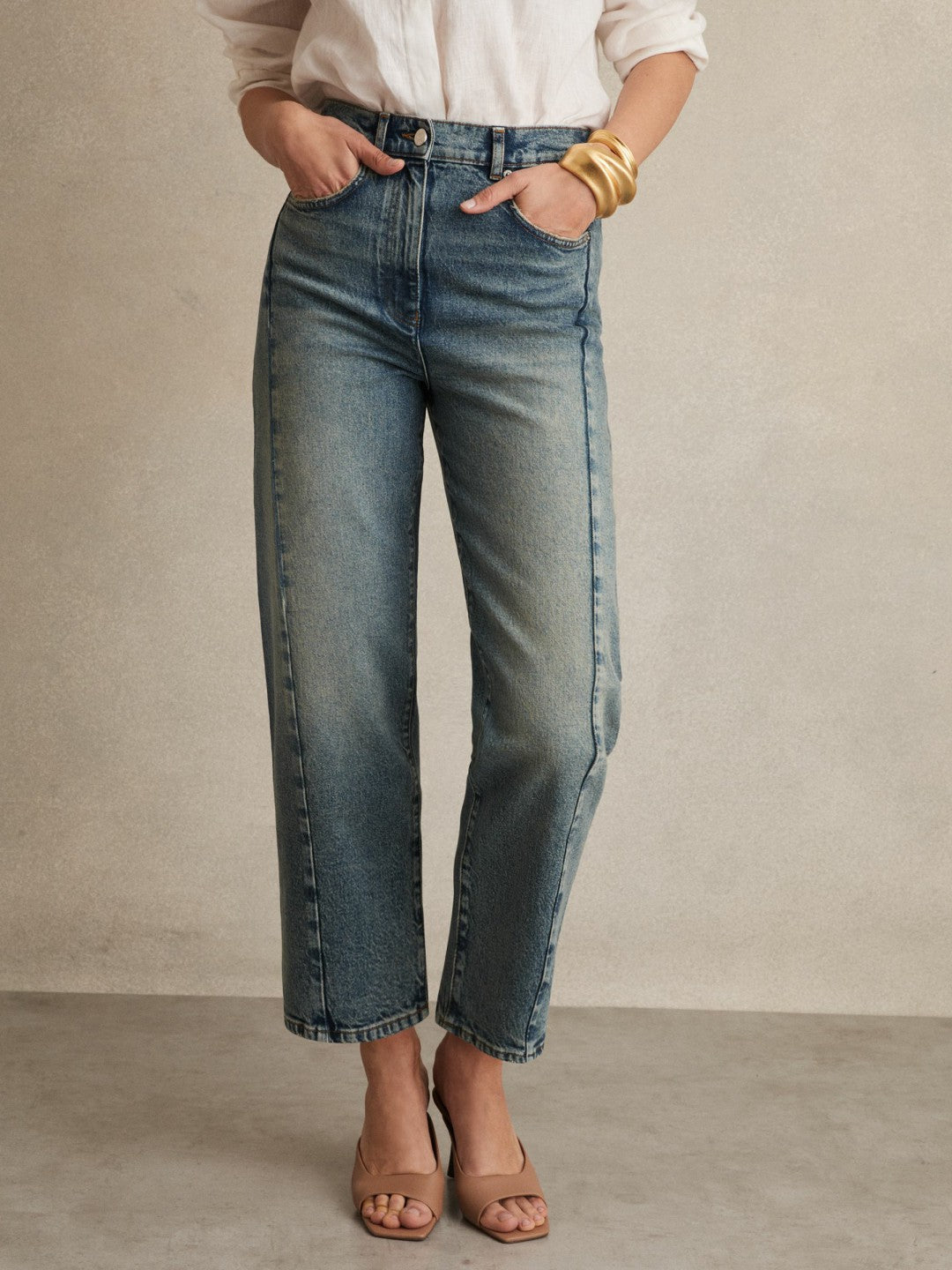 Petite Barrel-Leg Seam Jeans in Mid Blue | Reiss Women Featured