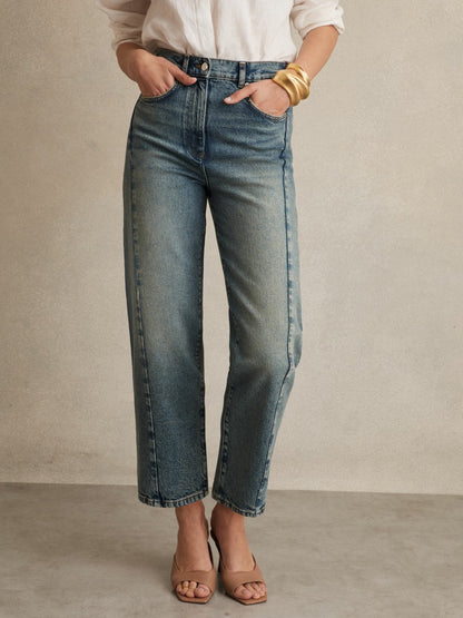 Petite Barrel-Leg Seam Jeans in Mid Blue | Reiss Women Featured