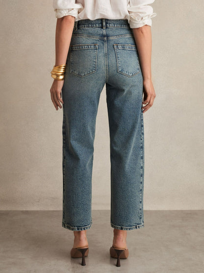 Petite Barrel-Leg Seam Jeans in Mid Blue | Reiss Women Featured