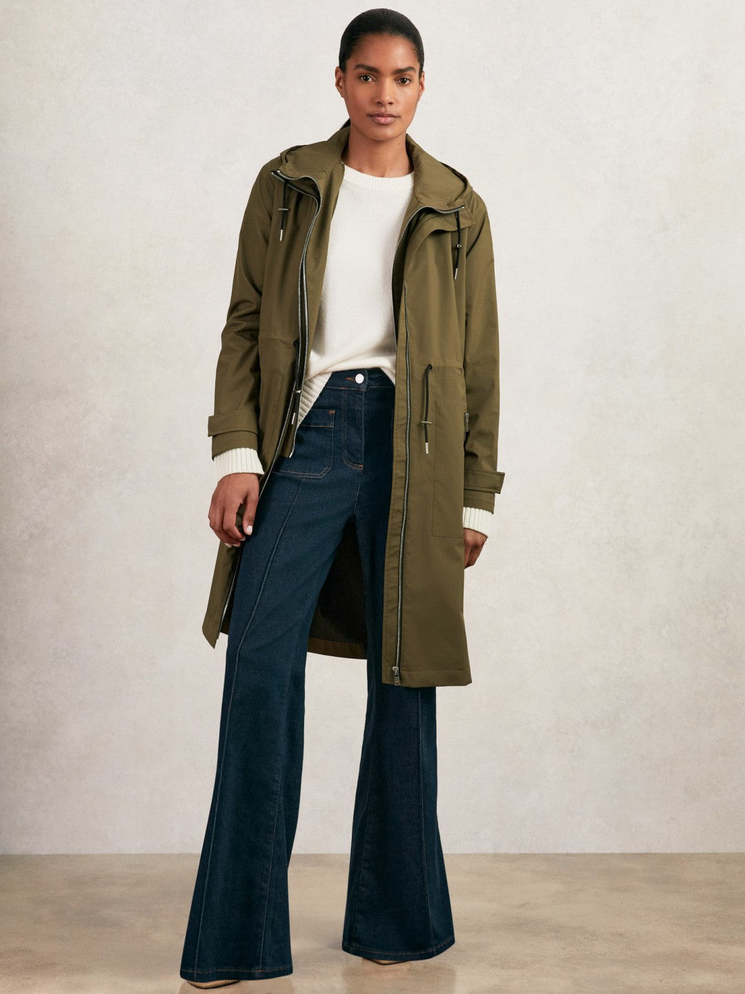 Removable-Hood Parka Rain Coat in Khaki | Reiss Women Popular