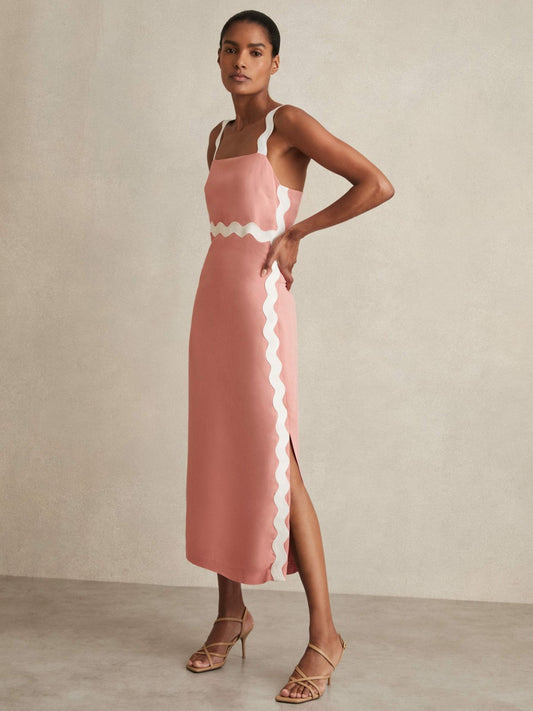 Wave-Trim Crepe Midi Dress in Pink | Reiss Women Signature