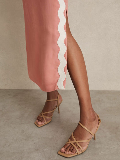 Wave-Trim Crepe Midi Dress in Pink | Reiss Women Signature