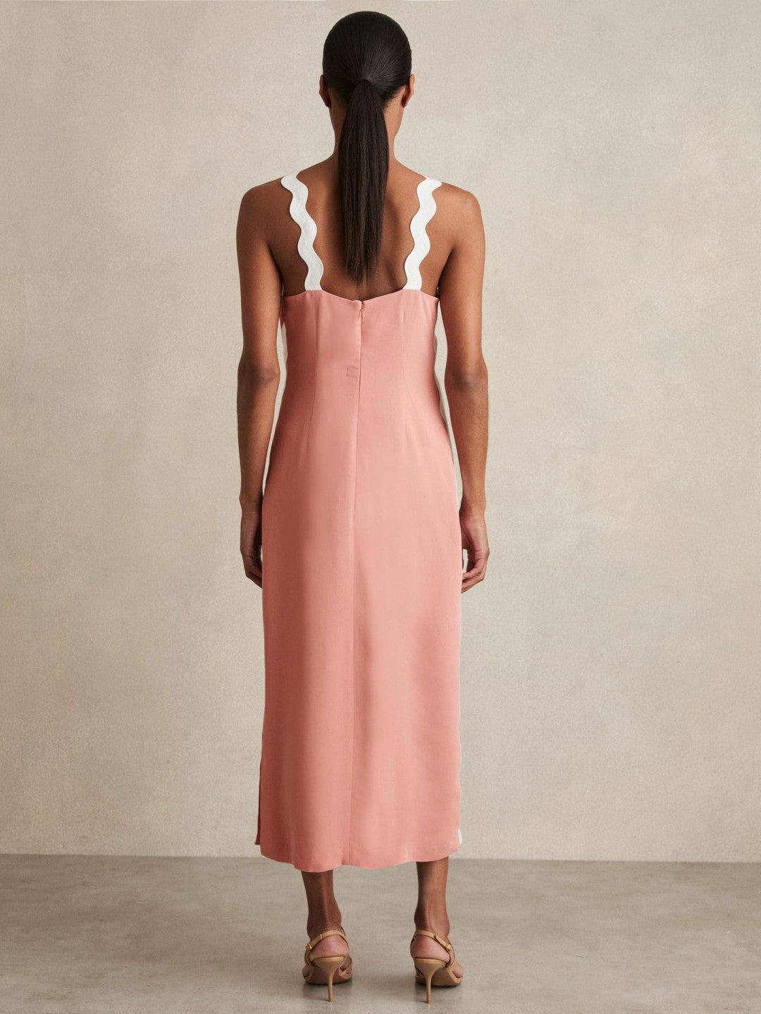 Wave-Trim Crepe Midi Dress in Pink | Reiss Women Signature