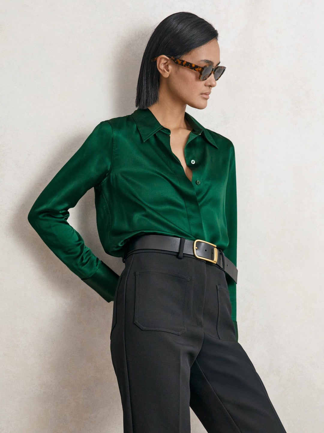 Silk-Satin Concealed-Placket Shirt in Green | Reiss Women New