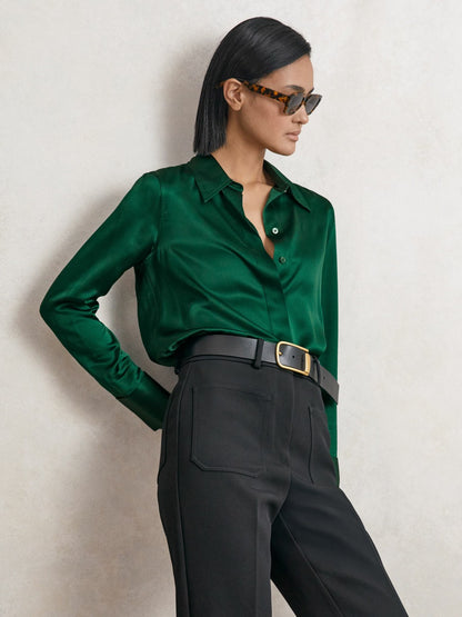 Silk-Satin Concealed-Placket Shirt in Green | Reiss Women New