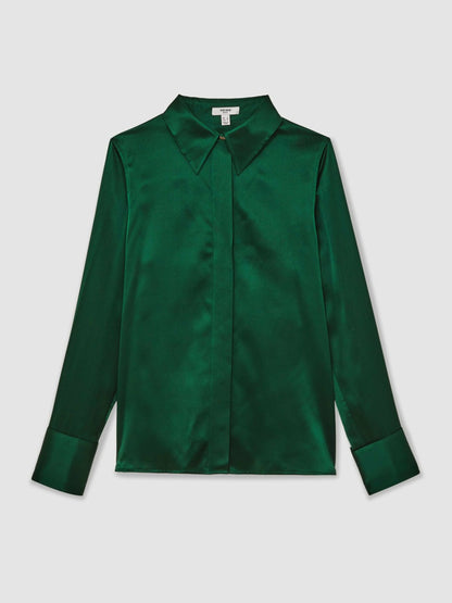 Silk-Satin Concealed-Placket Shirt in Green | Reiss Women New