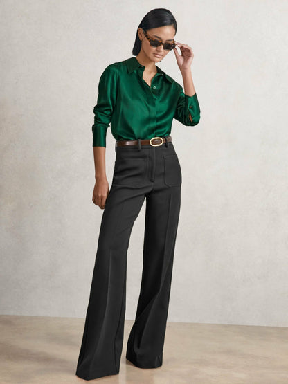 Silk-Satin Concealed-Placket Shirt in Green | Reiss Women New