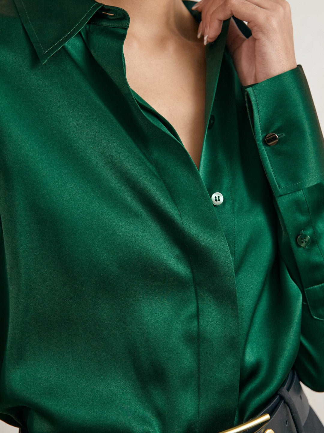 Silk-Satin Concealed-Placket Shirt in Green | Reiss Women New