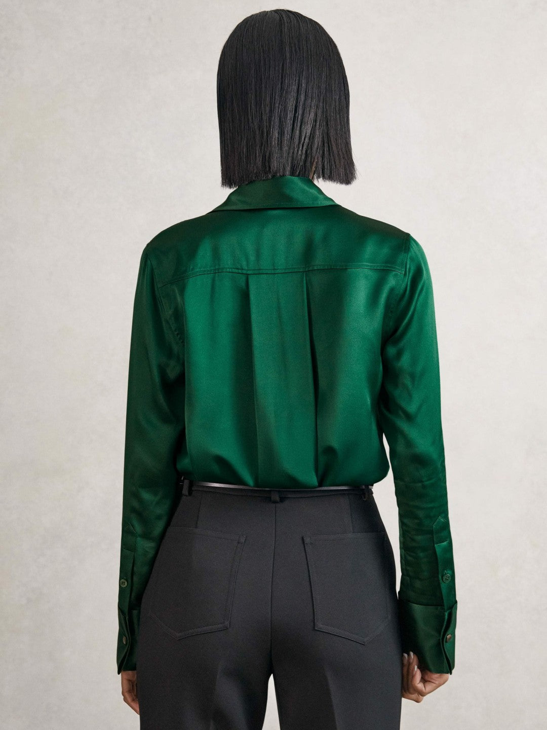 Silk-Satin Concealed-Placket Shirt in Green | Reiss Women New