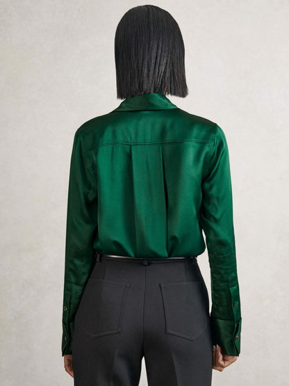 Silk-Satin Concealed-Placket Shirt in Green | Reiss Women New