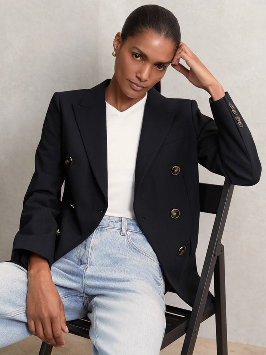 Petite Wool-Blend Double-Breasted Blazer in Navy | Reiss Women Best Seller
