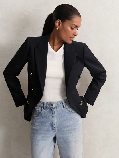 Petite Wool-Blend Double-Breasted Blazer in Navy | Reiss Women Best Seller