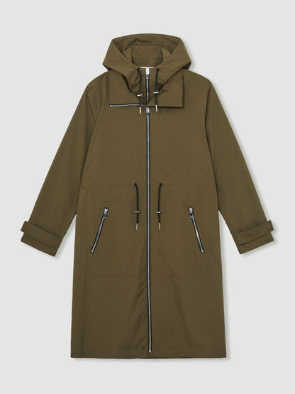 Petite Removable-Hood Parka Rain Coat in Khaki | Reiss Women Premium
