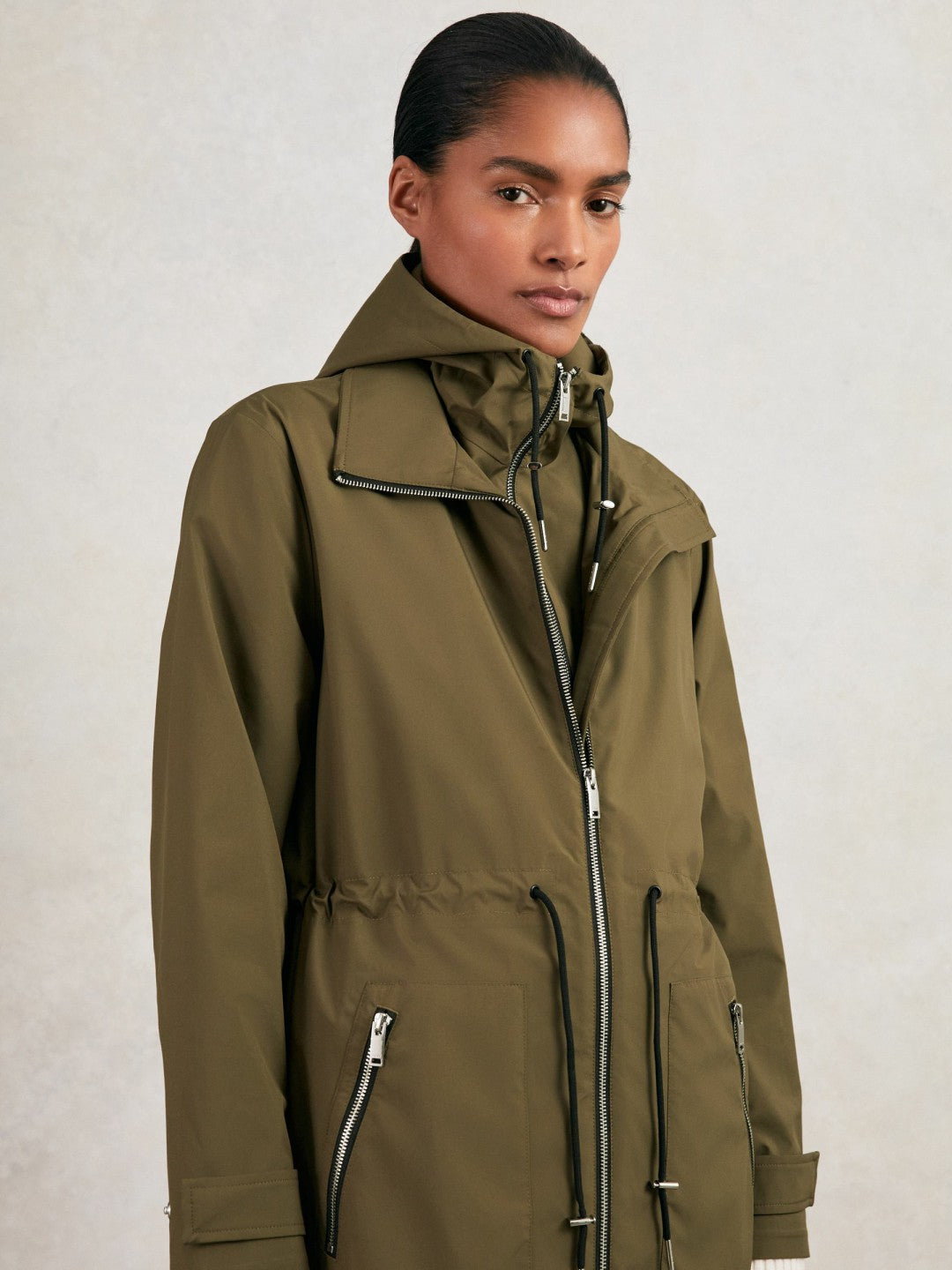 Petite Removable-Hood Parka Rain Coat in Khaki | Reiss Women Premium