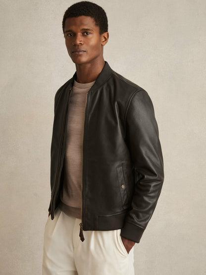 Leather Bomber Jacket in Brown | Reiss Men Exclusive