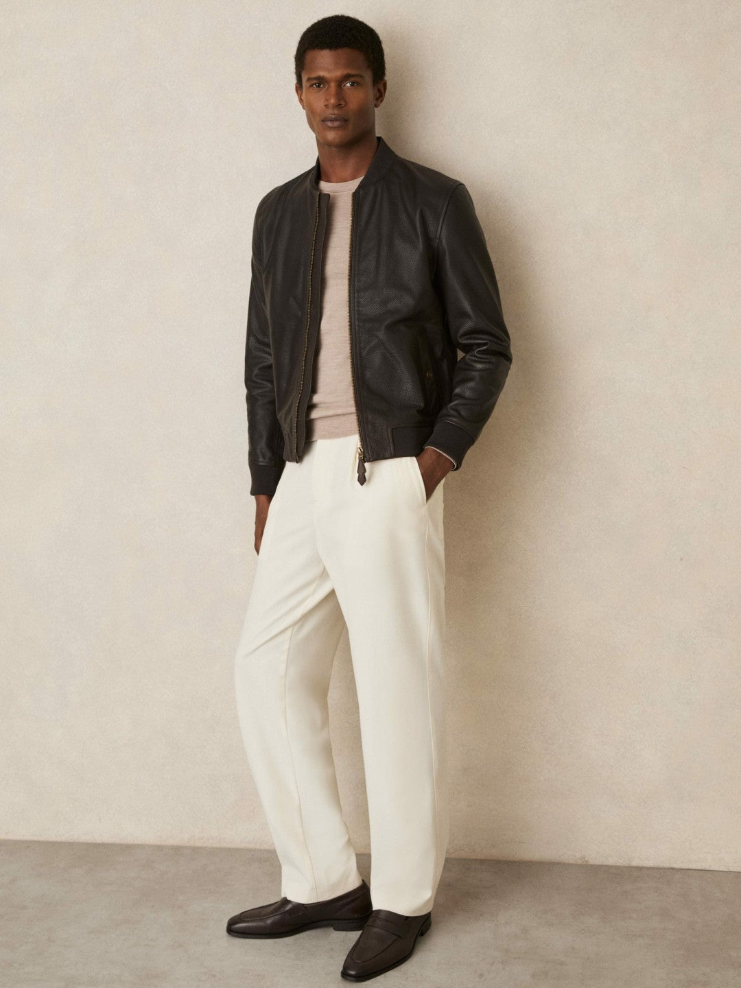 Leather Bomber Jacket in Brown | Reiss Men Exclusive