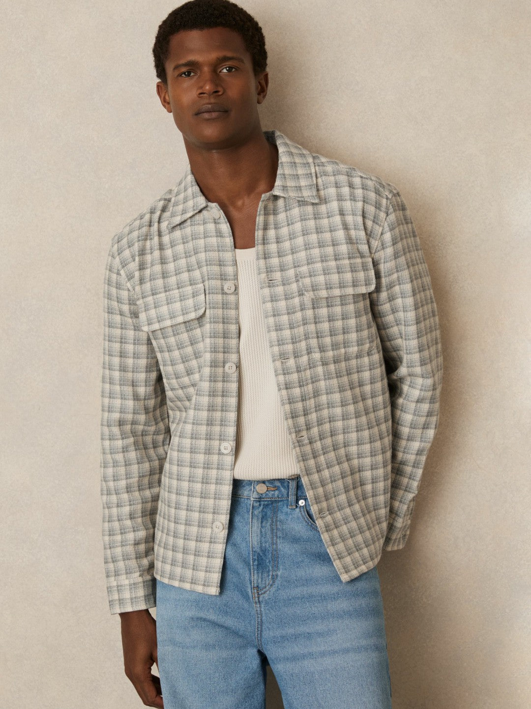 Woven Check Twin Pocket Overshirt in Light Grey | Reiss Men Exclusive