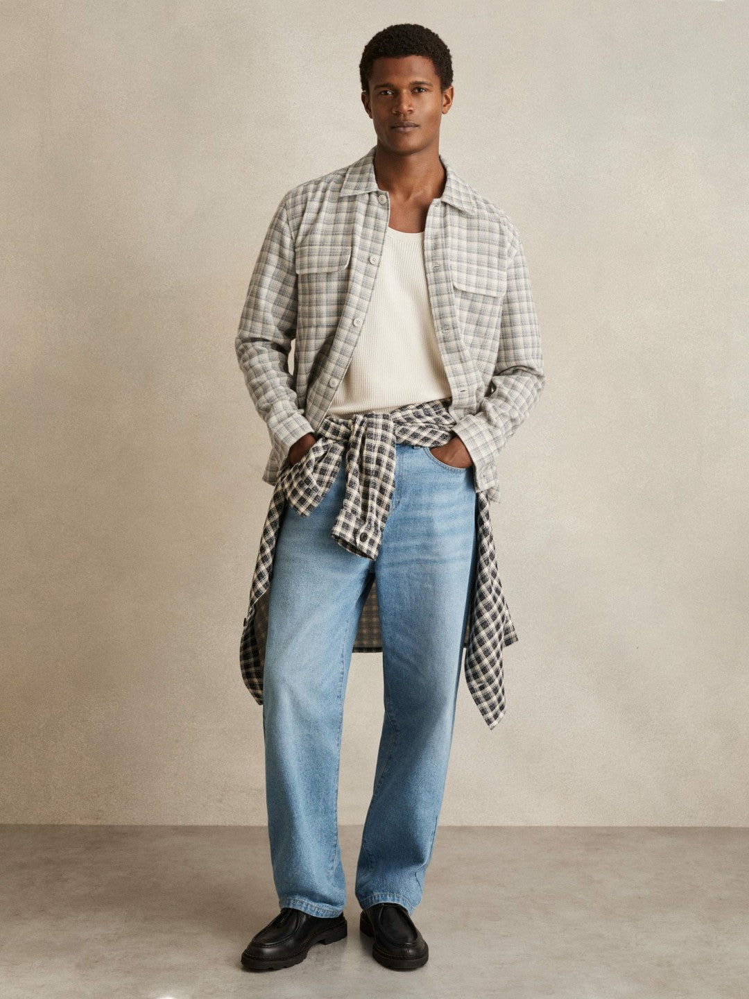 Woven Check Twin Pocket Overshirt in Light Grey | Reiss Men Exclusive