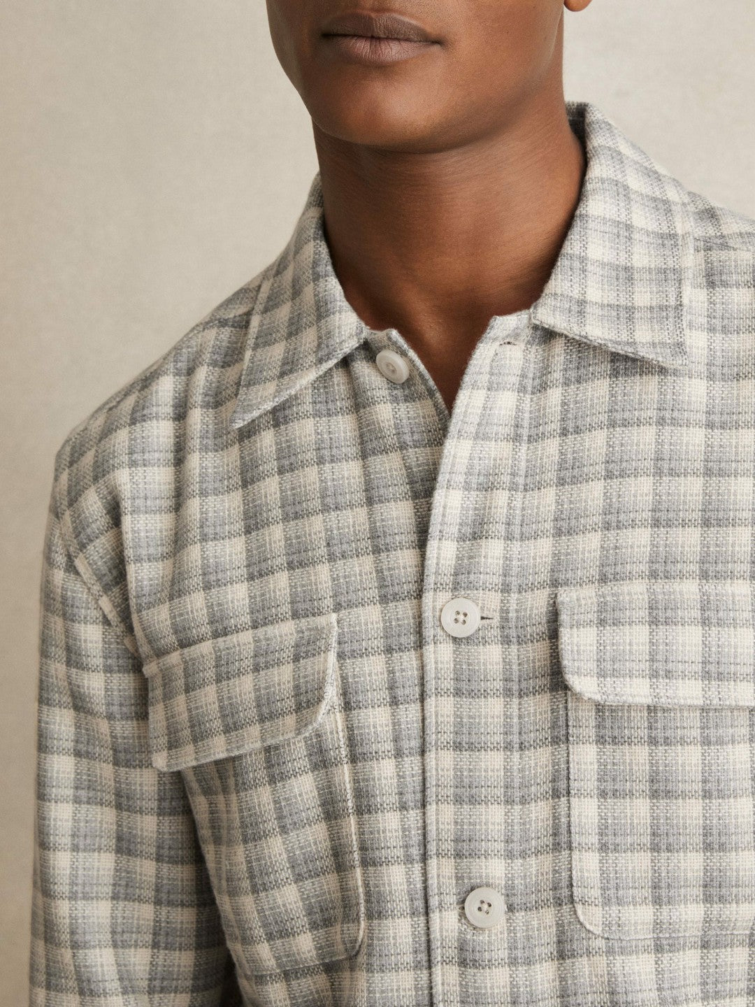 Woven Check Twin Pocket Overshirt in Light Grey | Reiss Men Exclusive