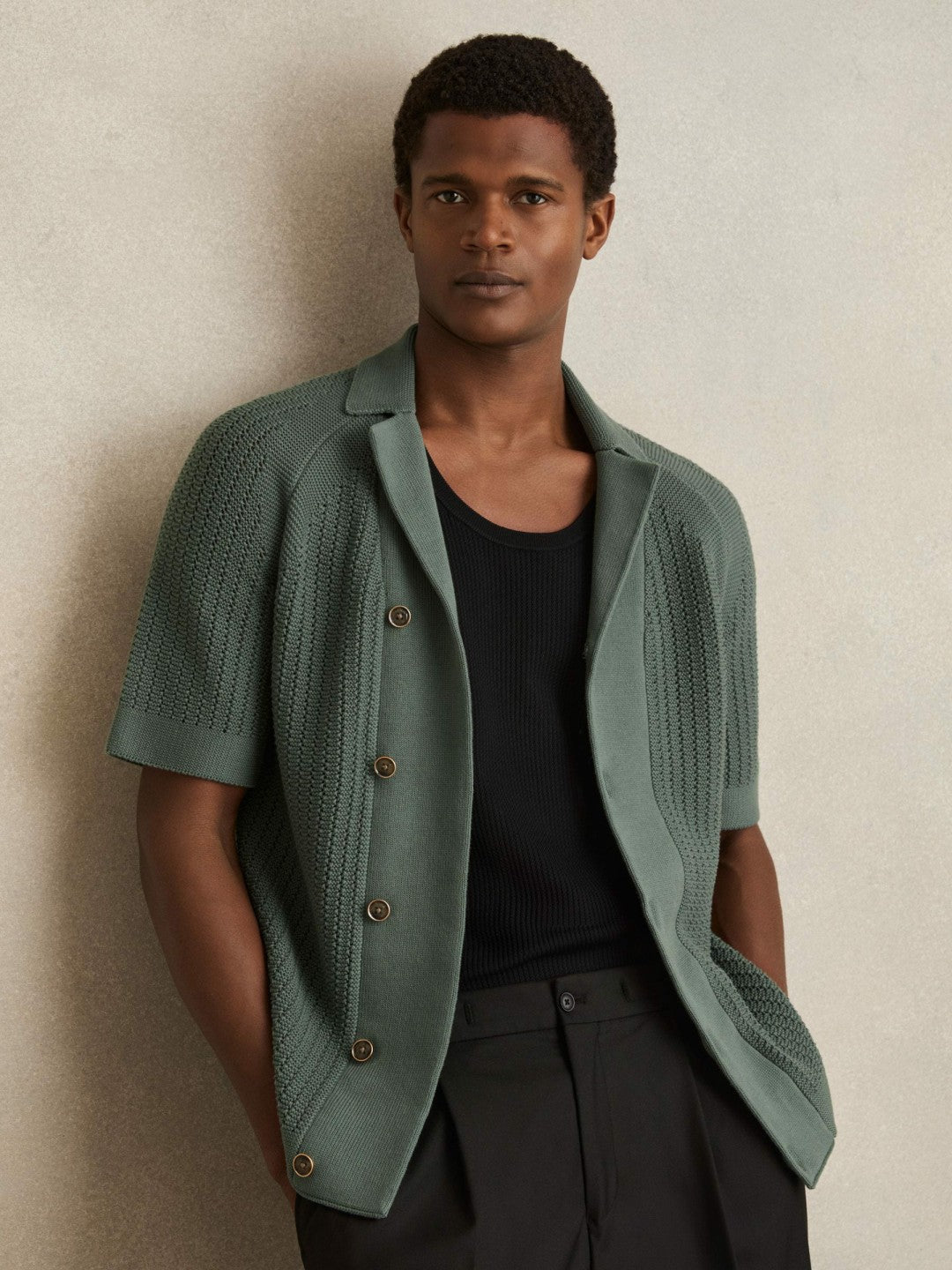 Cotton Textured-Knit Cuban-Collar Shirt in Pine Green | Reiss Men Best Seller