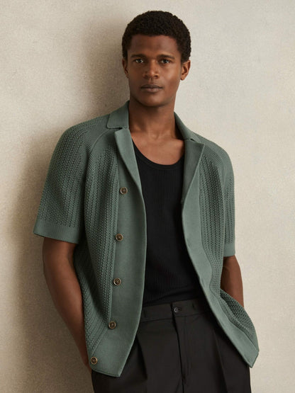 Cotton Textured-Knit Cuban-Collar Shirt in Pine Green | Reiss Men Best Seller