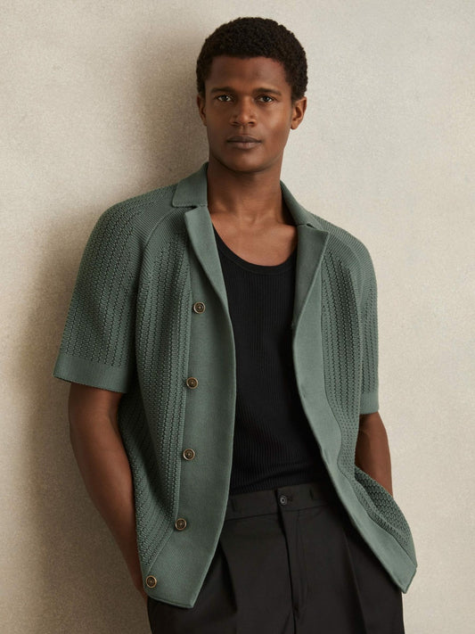 Cotton Textured-Knit Cuban-Collar Shirt in Pine Green | Reiss Men Best Seller