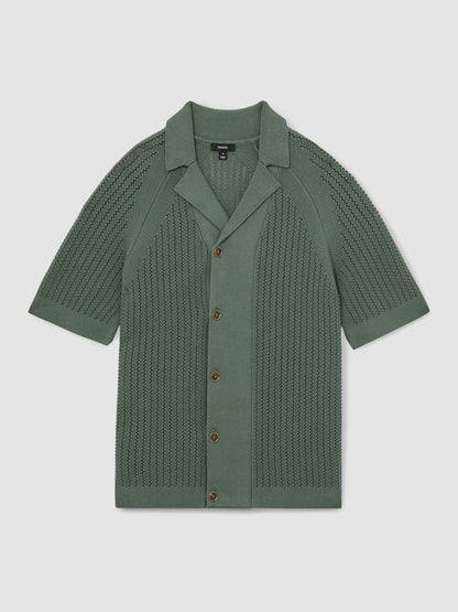 Cotton Textured-Knit Cuban-Collar Shirt in Pine Green | Reiss Men Best Seller