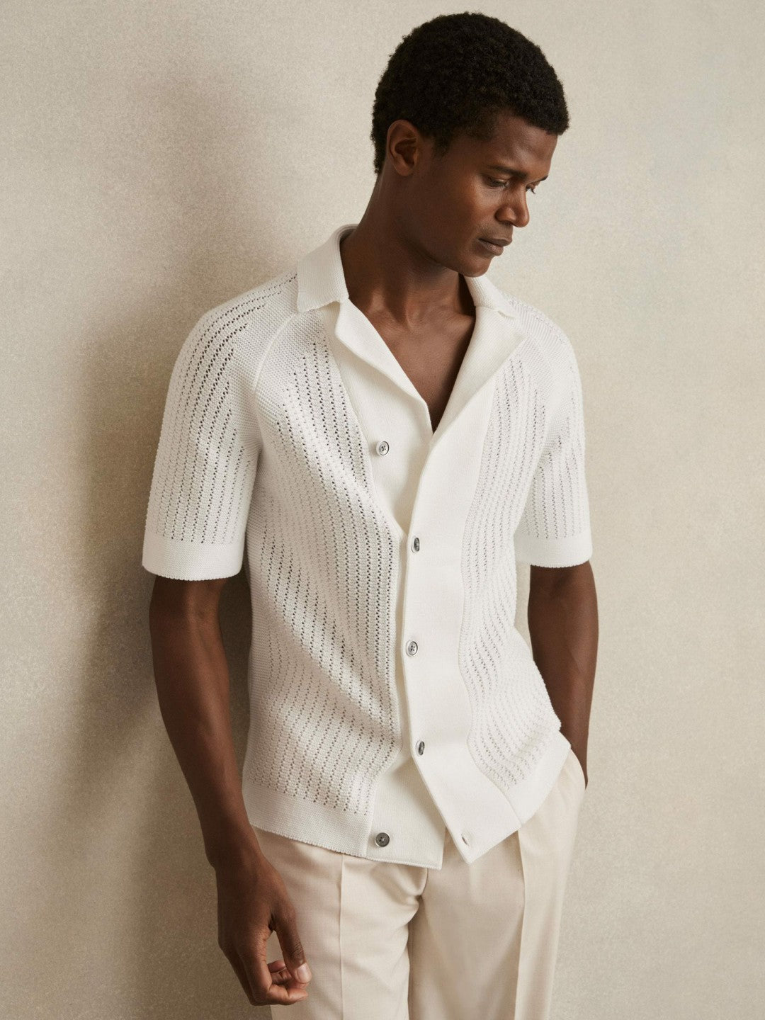Cotton Textured-Knit Cuban-Collar Shirt in White | Reiss Men Premium