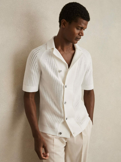 Cotton Textured-Knit Cuban-Collar Shirt in White | Reiss Men Premium