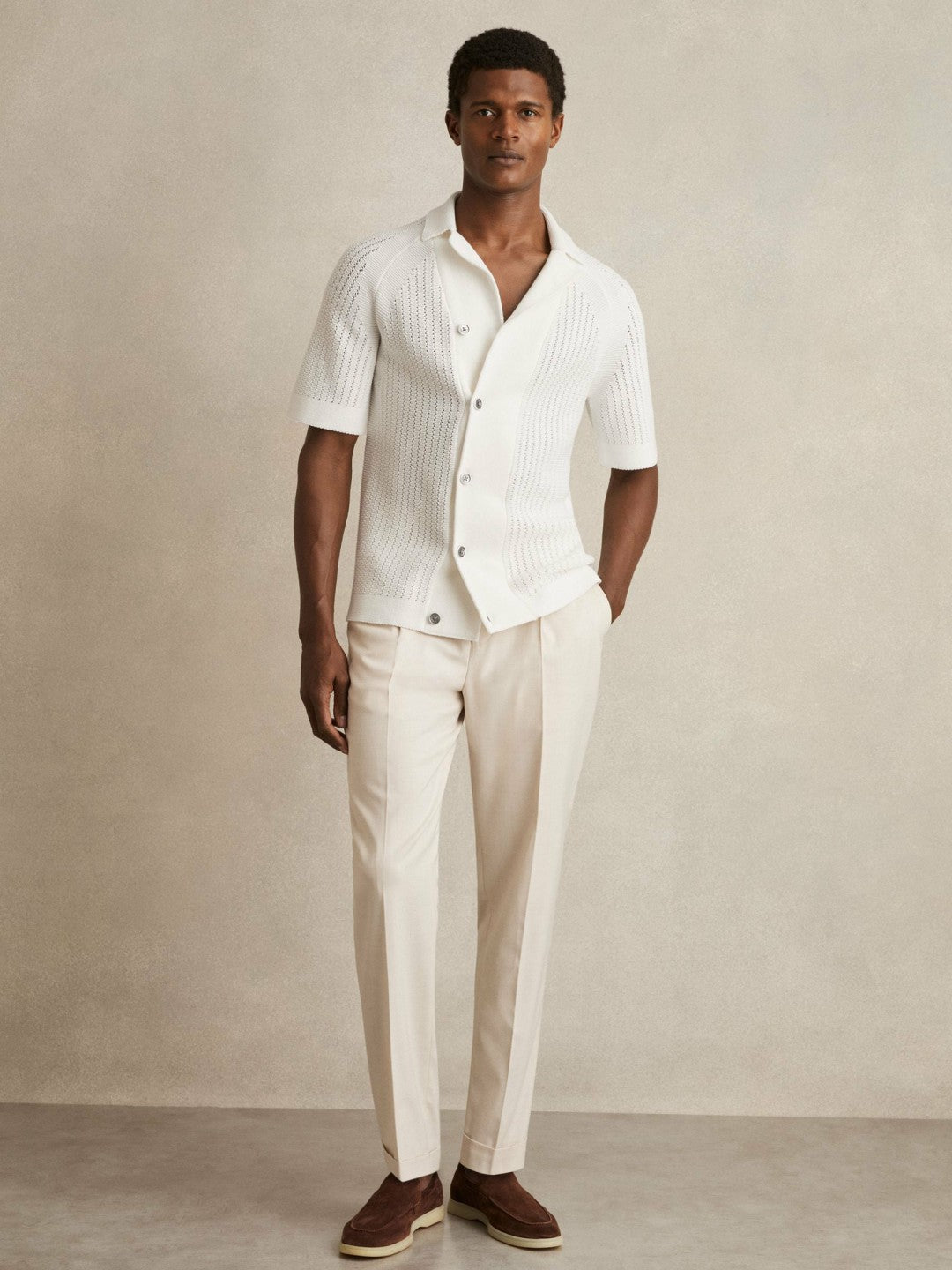 Cotton Textured-Knit Cuban-Collar Shirt in White | Reiss Men Premium